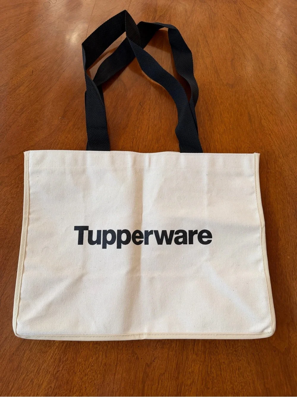 Tupperware Cream Canvas Tote with Black Straps and Logo - EUC!!